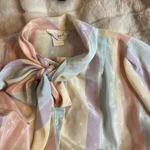 Vintage Shapely 14 Sheer Rainbow Stripe Button Pastel Easter Bow Soft Girl Top